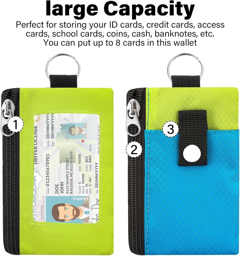 ZHOMA Minimalist RFID Wallet with Lanyard, Multi-Functional ID Case with 2 Zipper Pockets and Key Chain for Men and Women, Tactical Badge Pouch Cards Holder, Coin Purse for Travel Sports-BU+GN - Image 3